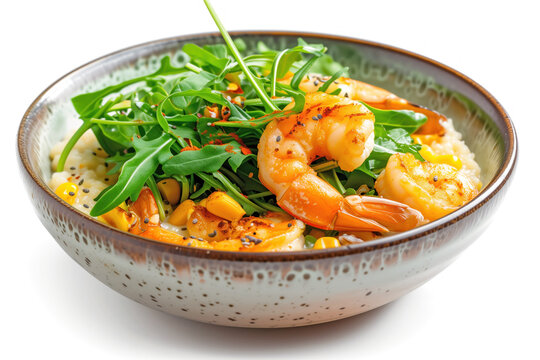 A vibrant image of delicious corn porridge served with shrimp and arugula. The meal is presented in a stylish bowl on a white background. This dish showcases the beauty of food, cuisine, and nutrition