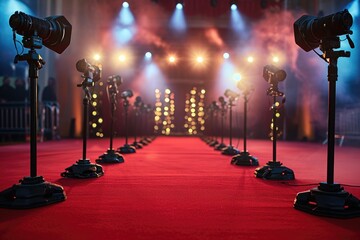 A red carpeted area illuminated by spotlights, with microphones set up for interviews and media coverage, Movie premiere celebration with red carpet and flashing camera lights, AI Generated - obrazy, fototapety, plakaty