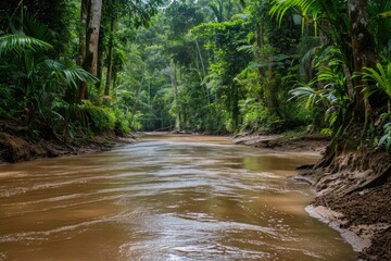 A river gracefully winds its way through a dense forest, surrounded by vibrant greenery, Muddy river cutting swaths through a sprawling rainforest, AI Generated