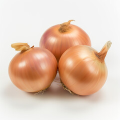 A close-up image of three fresh, glossy yellow onions, isolated on a pure white background.