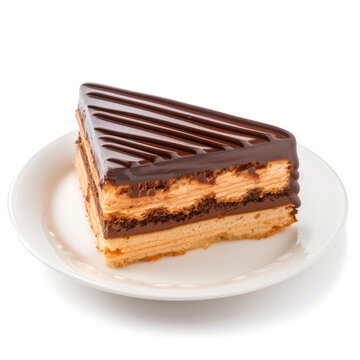 A close-up image showcasing a slice of layered chocolate cake, featuring creamy filling and a rich chocolate topping, served on a white plate.