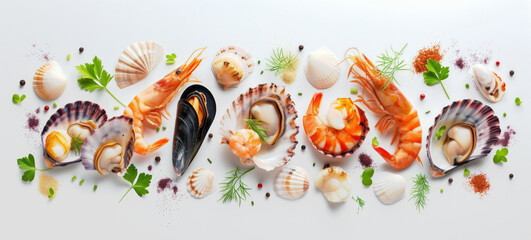 Naklejka premium A top view of a beautifully arranged seafood platter, featuring oysters, a prawn, and slices of lemon, adorned with fresh herbs and spices.