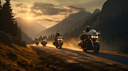motorcyclists speeding down a mountain road - obrazy, fototapety, plakaty
