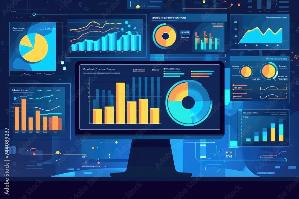Poster a computer screen showcasing a multitude of graphs representing data analysis and visualization, an 