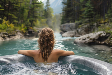 Woman unwinds in outdoor hot tub, surrounded by tranquil forest, embodying relaxation in nature