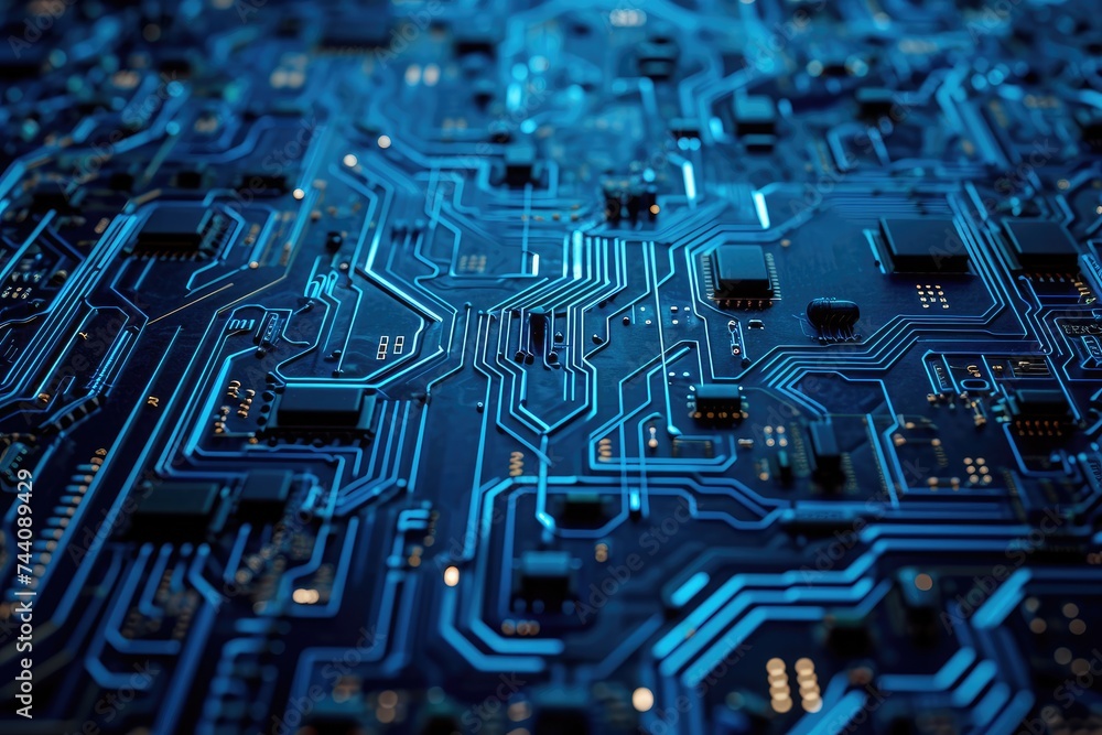 Poster this close-up photograph showcases the intricate and complex design of a computer circuit board, an 