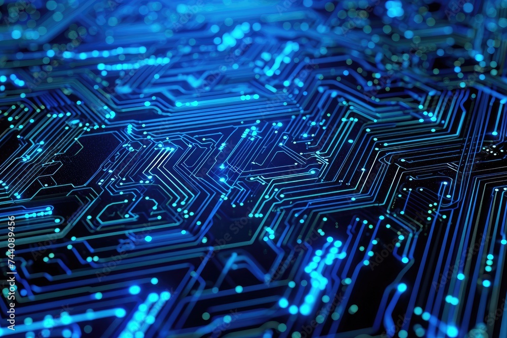 Poster this close-up photograph captures the intricate details of a computer circuit board, an intricate pa
