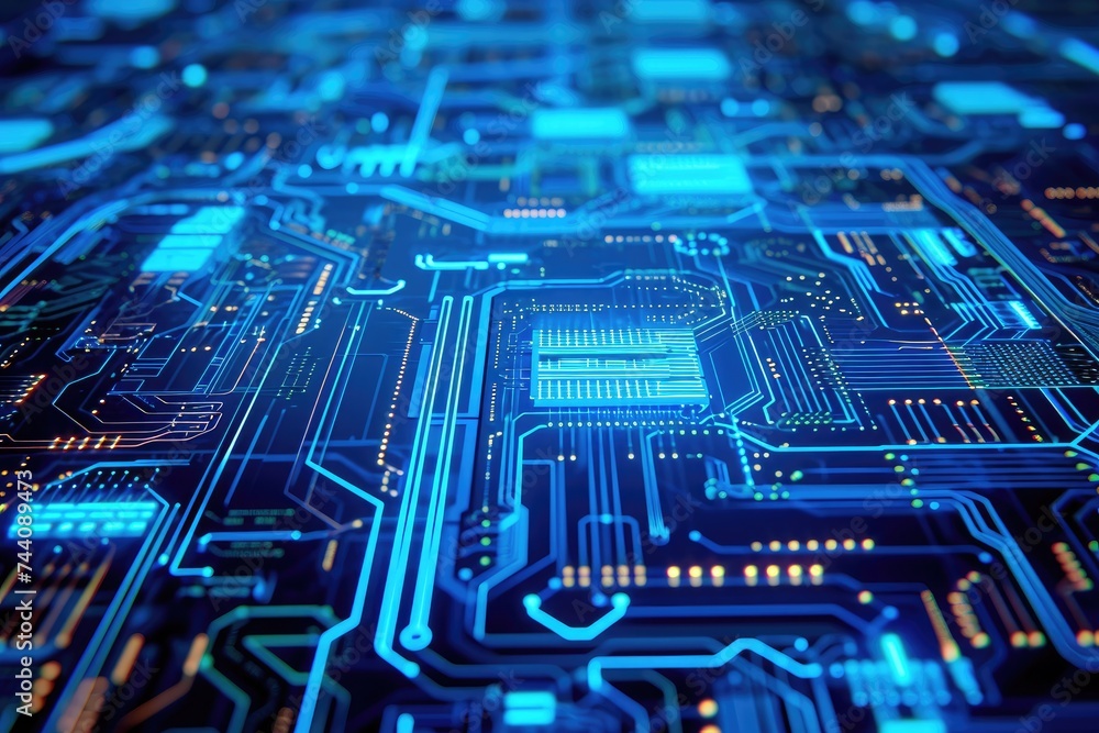 Poster a detailed view of a computer circuit board, showcasing the intricate network of electronic componen