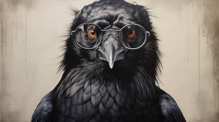 Fototapeta premium Illustration of a portrait of a raven with glasses in a Gothic style.