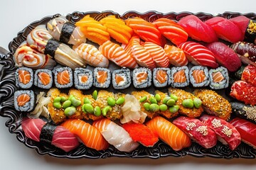 A tray showcasing a wide selection of diverse sushi rolls and nigiri, neatly arranged and ready to...