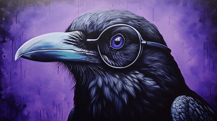 Obraz premium Illustration of a portrait of a raven with glasses in a Gothic style.