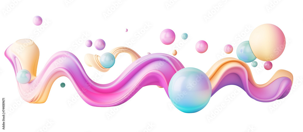 Poster abstract colorful gradient flowing shape with some liquid sphere, 3d render
