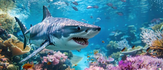 a close up of a shark with a lot of fish in it's mouth and some corals in the background.