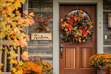 A wooden door adorned with a wreath, showcasing traditional holiday decorations, An inviting exterior of a home decorated for Thanksgiving, with a welcome sign and autumn wreath, AI Generated