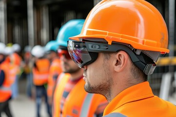Group of Construction Workers Wearing Safety Gear, An IoT-enabled construction wearable that monitors worker's health on-site, AI Generated