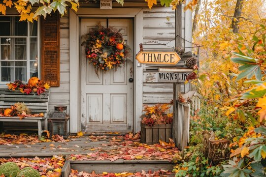 A photo of a white house with a festive wreath hanging on the front door, An inviting exterior of a home decorated for Thanksgiving, with a welcome sign and autumn wreath, AI Generated