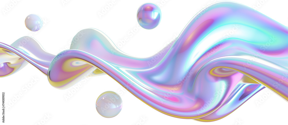 Poster iridescent color flowing shape with spheres isolated on transparent background.