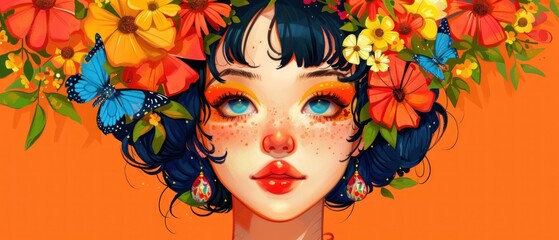 a digital painting of a woman with flowers in her hair and butterflies on her head, on an orange background.