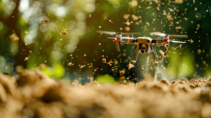 A drone hovers above the soil, dispersing seeds for drone-assisted farming