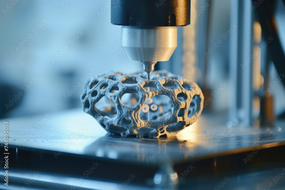 Poster a detailed view of a machine with a ball rolling across its surface, nano-3d printer creating struct