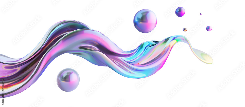 Poster iridescent color flowing shape with spheres isolated on transparent background.