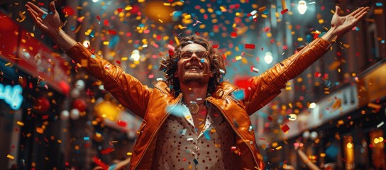 Pure joy fills the air as the man dances with abandon, basking in the vibrant light and cascading confetti - Powered by Adobe