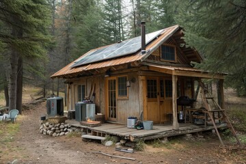 A rustic cabin nestled amidst towering trees in a secluded forest setting, An off-grid cabin constructed using sustainable building materials and technology, AI Generated