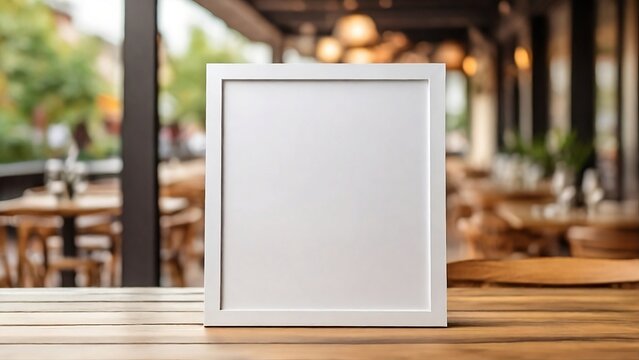Empty white paper frame poster for mockup on wooden table with blurred outdoor restaurant background for menu, advertising, design, sign generative ai