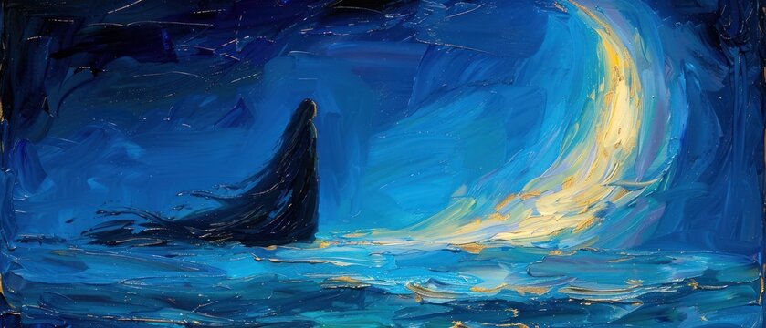 a painting of a sailboat in the ocean with a bright light coming from the top of the sailboat.