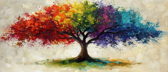 a painting of a multicolored tree with leaves on it's trunk and a white background behind it.