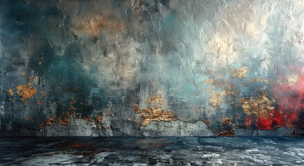 A serene outdoor painting featuring a lone figure gazing at a concrete wall amidst a tranquil pool of water, capturing the essence of minimalist art