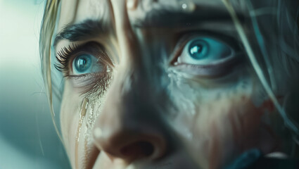 A close-up of eyes welled with tears, capturing the raw emotion of grief during a funeral