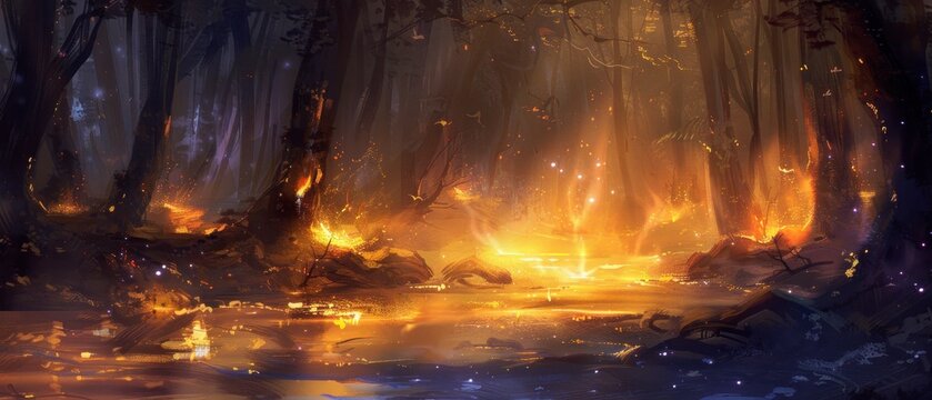 a painting of a fire in the middle of a forest with lots of fire in the middle of the forest.