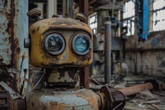 This photo captures a detailed close-up of an old and rusted gas pump, showcasing its worn-out appearance, An old, rusty robot in an abandoned factory, AI Generated - Powered by Adobe