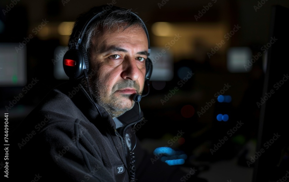 Poster a man with headphones is focused on a computer screen, engaged in a task or activity