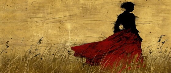 a painting of a woman in a red dress standing in a field of tall grass with her back to the camera.