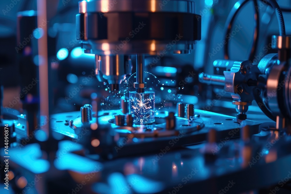 Poster a close-up view capturing a machine in action as it drills precise holes into metal rods, nanofabric