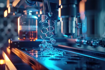 A large industrial machine is hard at work processing a substance, showcasing its efficiency and precision, Nanofluidics in chemical reactions, AI Generated - obrazy, fototapety, plakaty