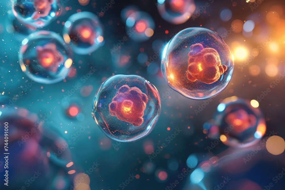 Poster multiple transparent bubbles of various sizes floating in the air, nanoparticles assembling themselv