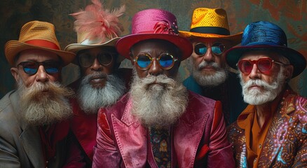 A stylish group of men, donning fedoras and sunglasses, sport their signature facial hair and headdresses, exuding a sense of confidence and sophistication - obrazy, fototapety, plakaty