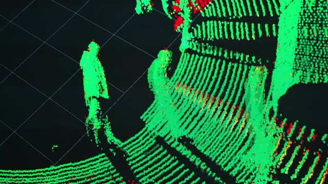 Real time handheld shot of many people shown on screen with lidar sensor vision technology during festival