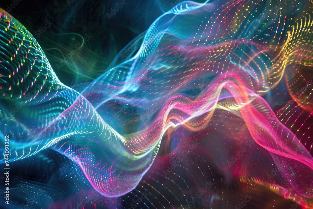 Poster the computer-generated image showcases a vibrant wave of light spreading across a dark background, c