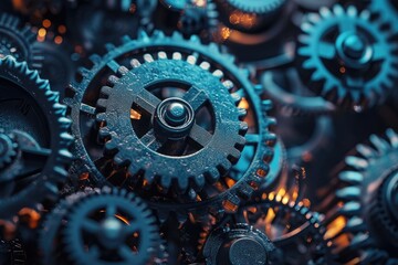 A close up photograph showcasing the intricate arrangement of gears in a mechanical device, Nanoscale gears and cogs interconnected, AI Generated - obrazy, fototapety, plakaty