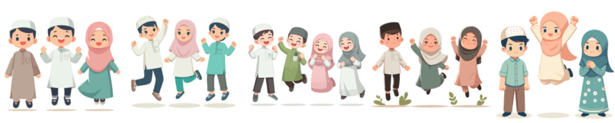 Vector Muslim child character is jumping and happy