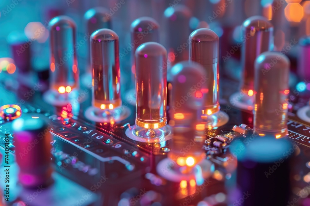 Poster close up of circuit board with multiple lights, nano-transistors on a microchip, ai generated