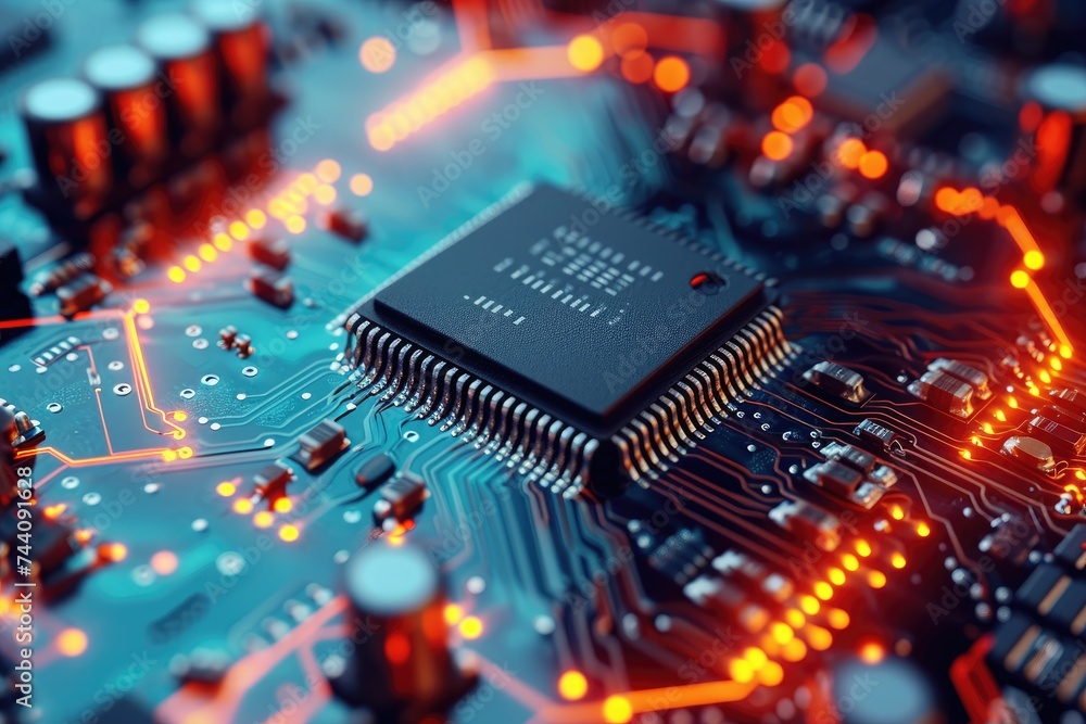 Poster a detailed view of a computer chip on a circuit board, showcasing the intricate electronic component