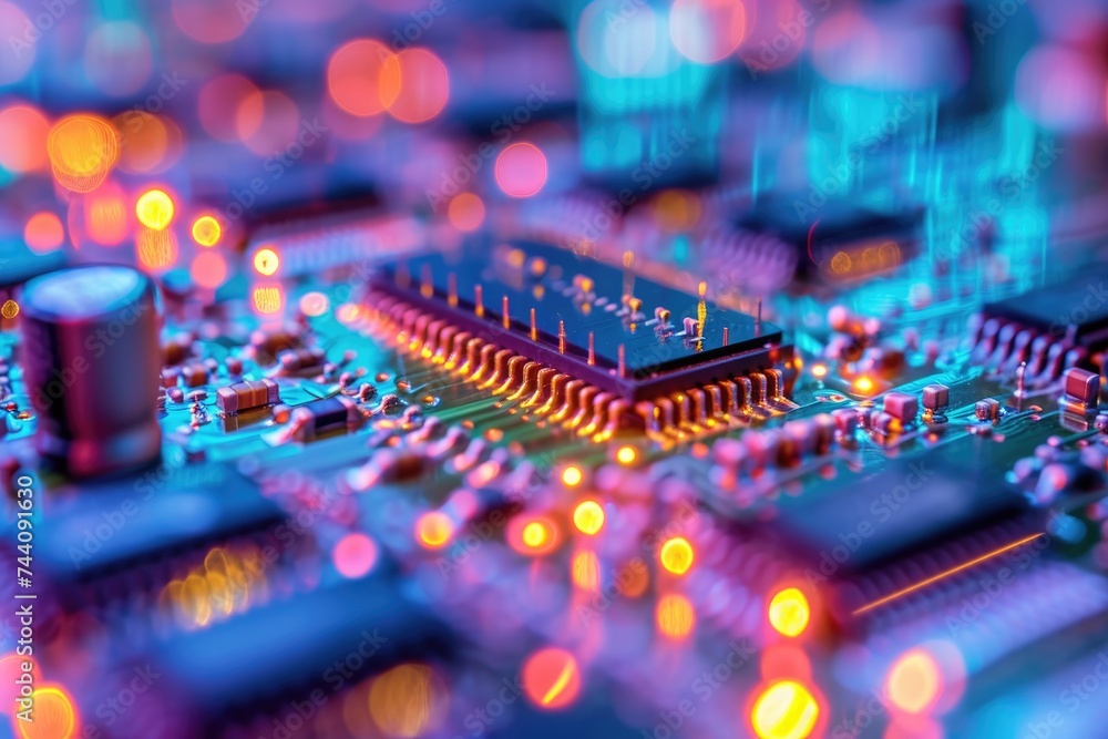 Poster this close up photo captures the intricate details and components of a computer circuit board, nano-