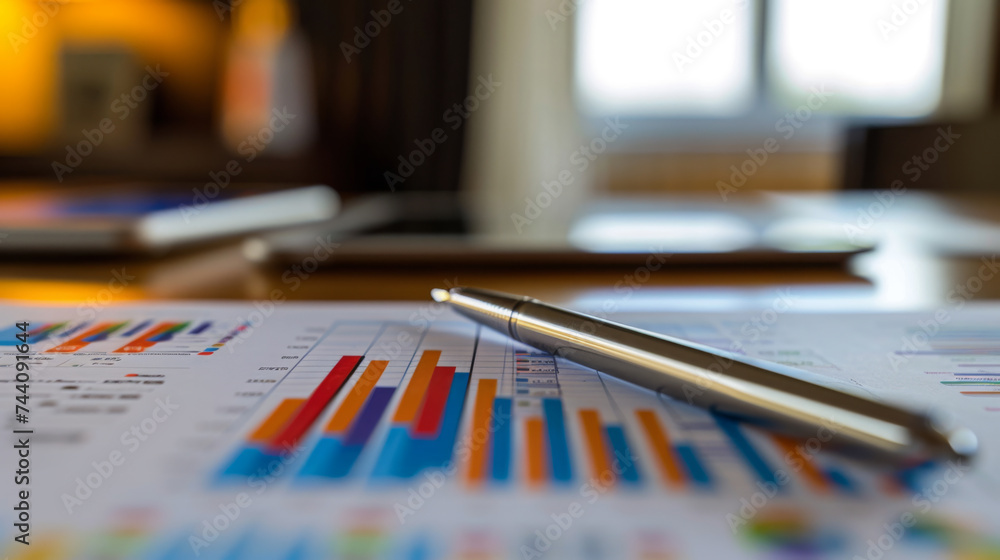 Poster close-up of a financial report with graphs and a pie chart, a pen resting on the paper, and a tablet