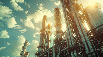 view from the ground up of towering silver industrial distillation columns at a petrochemical plant with a sunlit blue sky in the background. - obrazy, fototapety, plakaty