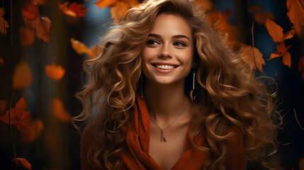 beautiful girl with earrings smiles in autumn leaves